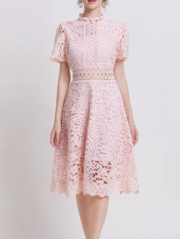 sexy slim Hook flower hollow lace Long dress O-Neck sweet High Waist Party  Vintage korean fashion Summer Clothing - AliExpress 200000345