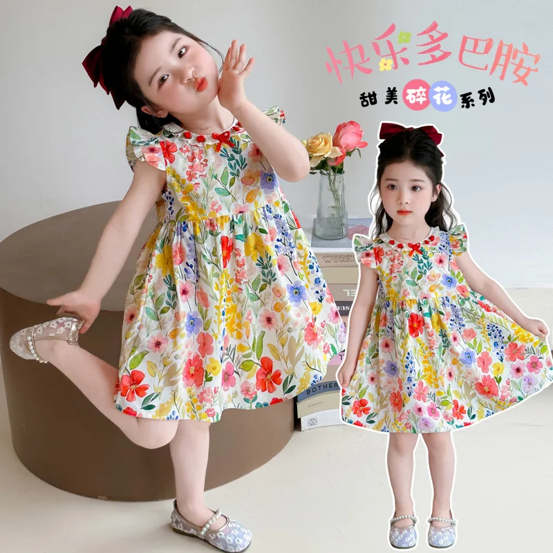 

2026Summer floral dress with straps, cute flower print breathable sleeveless princess dress for girls