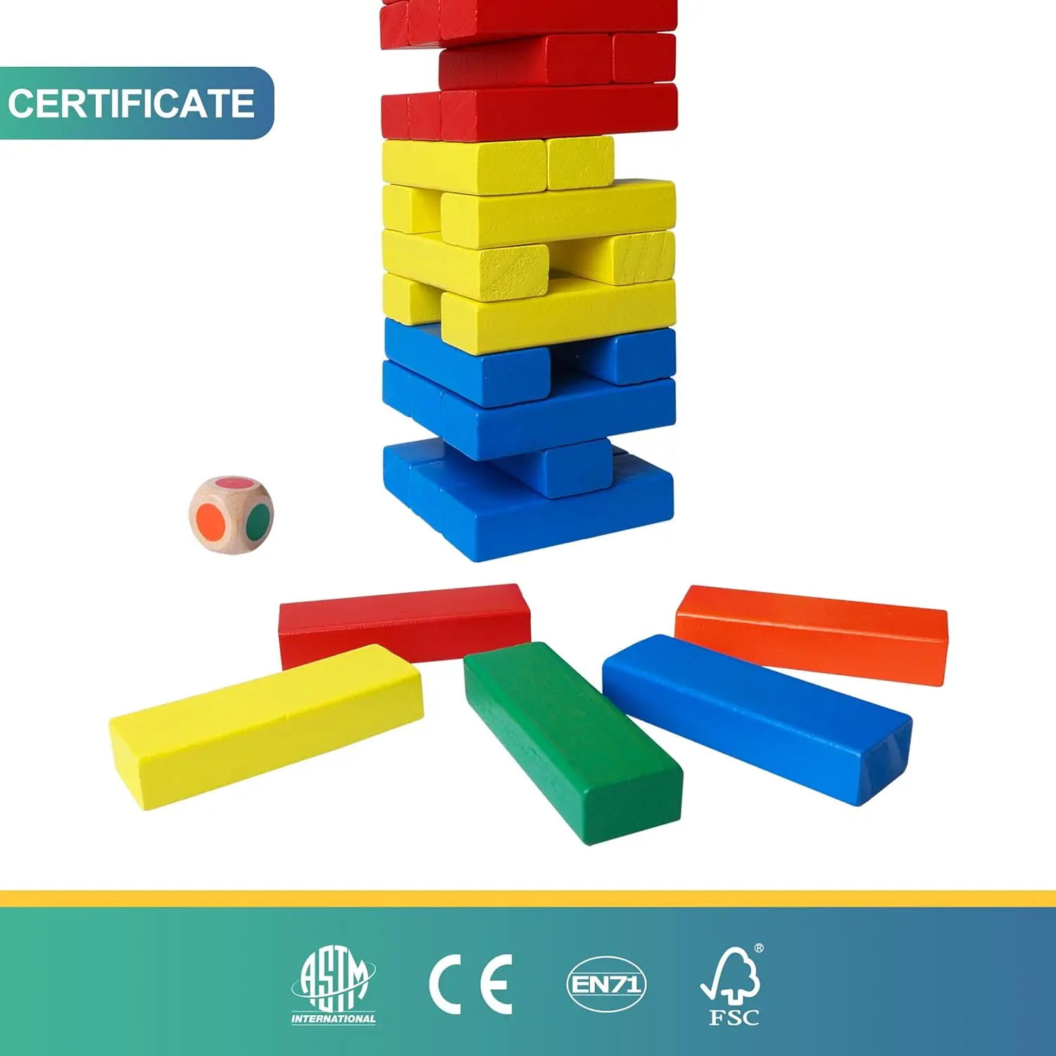 Tumble Tower Game for Kids and Adults, 60pcs Wooden Stacking Board Games Building Blocks for Kids and Family Games Night, Colorf