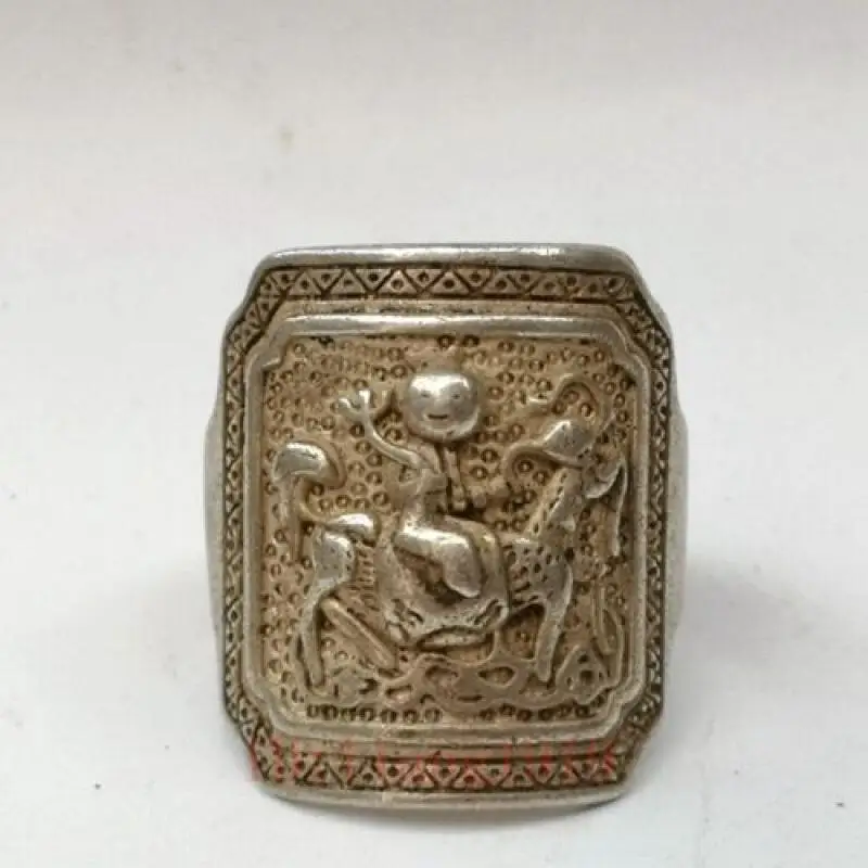 Collection Old Chinese Tibet Silver Handmade Kirin Lad Ring Superb Ornament Gift