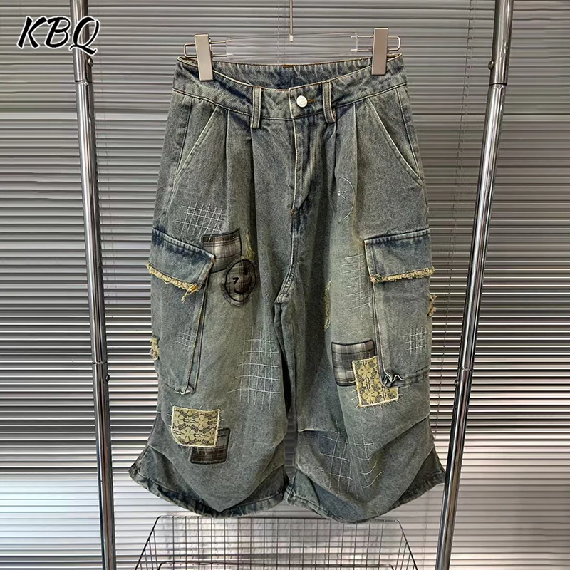 

KBQ Designer Loose Spliced Pocket Solid Denim Middle Pants For Women High Waist Patchwork Button Temperament Trouses Female New