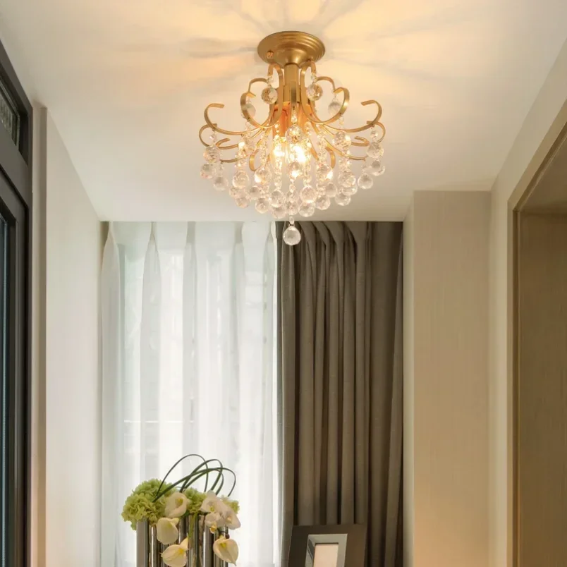 Modern Gold Crystal Small Round Ceiling Chandelier for Corridor Aisle Balcony Bedroom Living Room Led Home Indoor Light