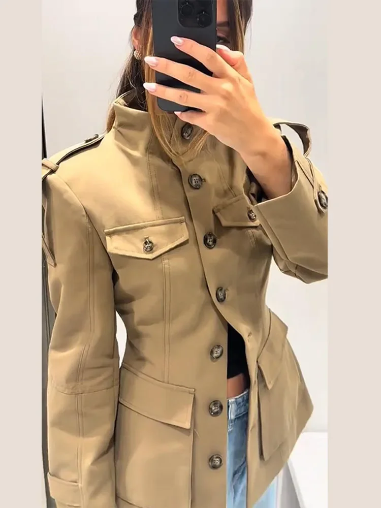 

Strap Flap Pocketed Stand Collar Jacket Tailored Fit Buttoned 2025 Autumn Edgy Chic Women Outerwear Fashion Elegant Lady Coat