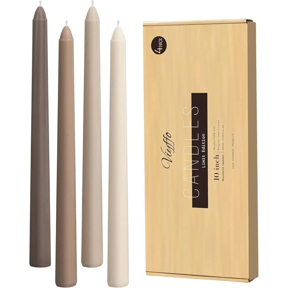 10 Inch Brown Unscented Tapered Candles, 4-Pack for Weddings, Home Decor, and Elegant Dinners