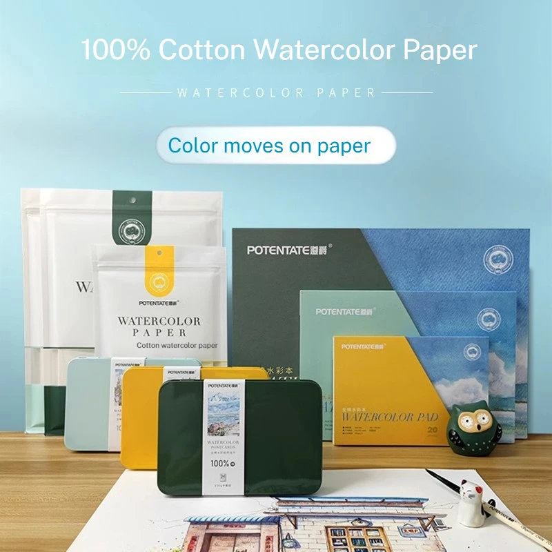 POTENTATE 8K/16K/32K Watercolor Book Artist-grade Cotton Watercolor Paper Card 300g Postcard Tin Box Travel Sketch Art Supplies