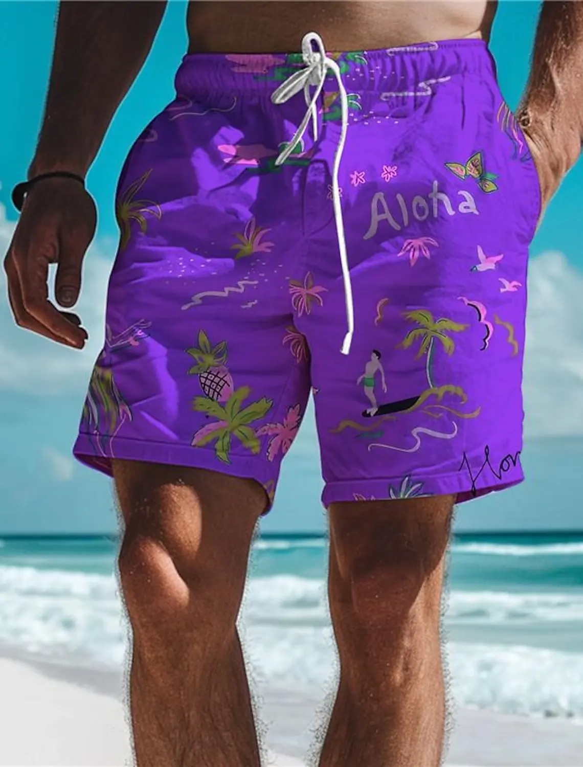 Aloha Palm Tree Men\'s Resort 3D Printed Board Shorts Swim Trunks Elastic Drawstring Stretch Short Hawaiian Style Holiday Beach