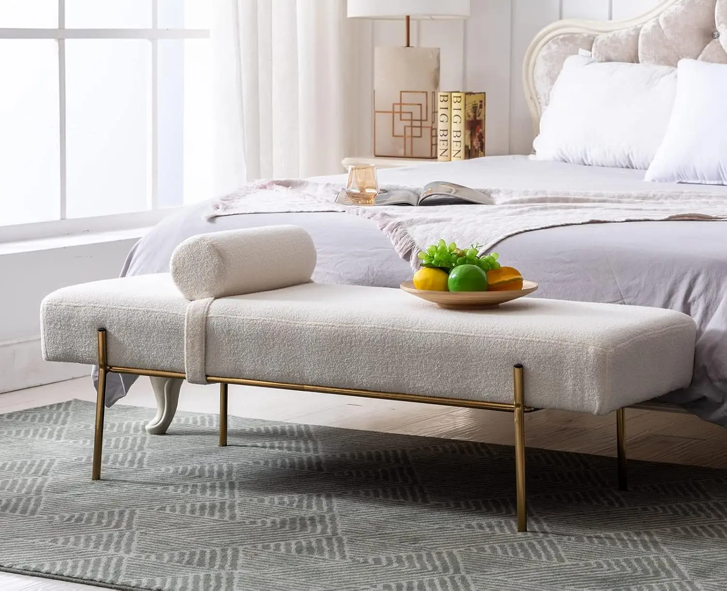 Upholstered End-of-Bed Bench Faux Fur Cushion Detachable Pillow Gold Metal Legs Bedroom Entryway Living Room, Customized