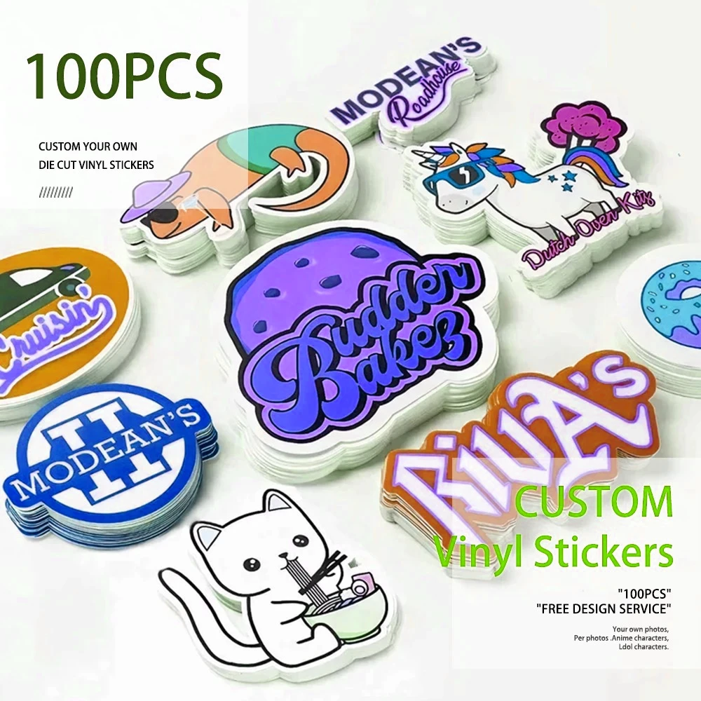 

100pcs Custom Stickers PVC Waterproof Die Cut Vinyl Logo Design Brand Laptop Cute Personalized Sticker Glossy Film for Business