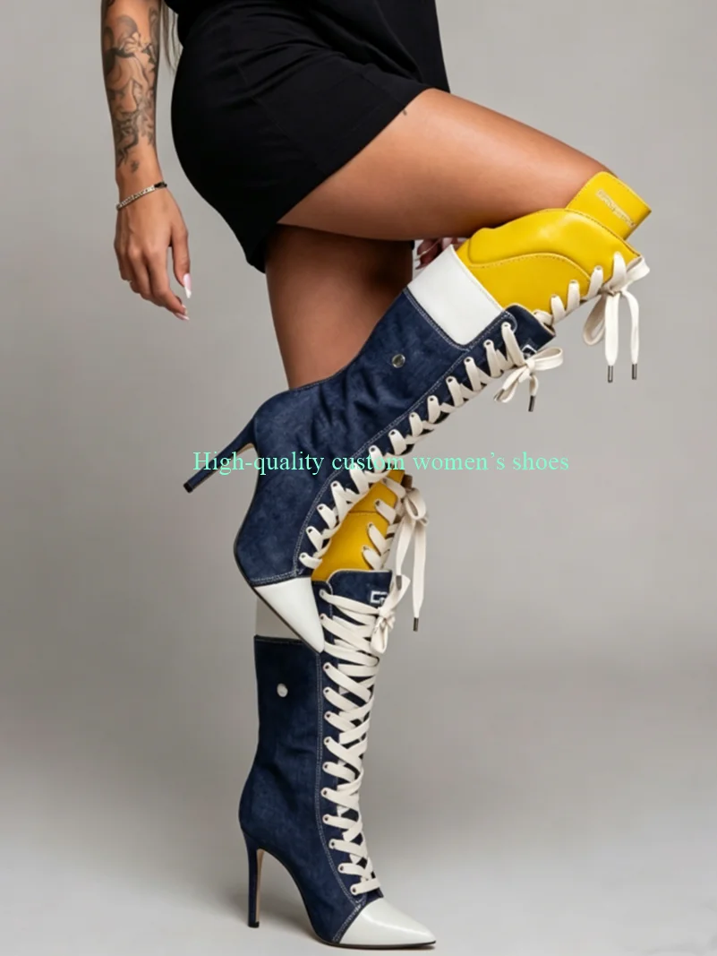 Pointed White And Denim Blue Color-Blocked Mid-calf Boots Athletic Style Stilettos Cross Straps Handmade Luxury Women's Shoes