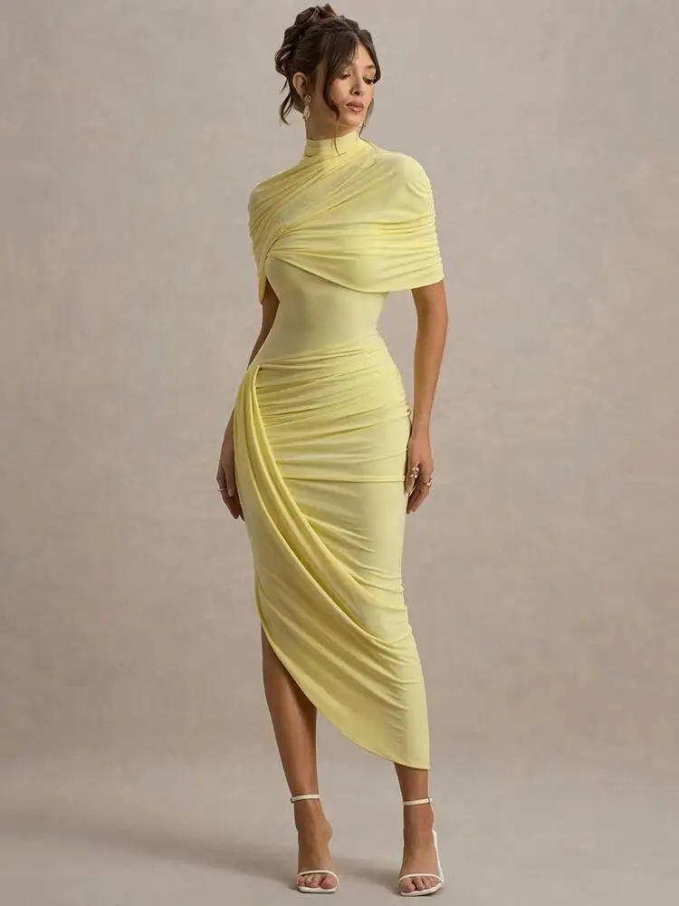

Half Sleeve Backless Ruched Sexy Maxi Women Summer New Turtleneck Slim High Waist Evening Club Party Long Dress