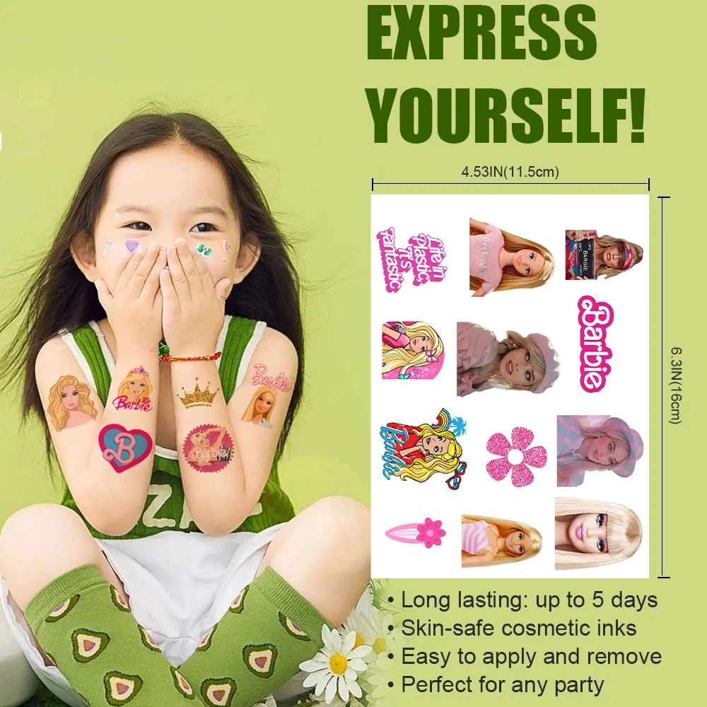 สติกเกอร์รอยสักบาร์บี้สำหรับเด็กและผู้ใหญ่ศิลปะบนเรือนร่างการ์ตูนปลอมสักชั่วคราวของเล่นแต่งหน้าของขวัญตกแต่ง4แผ่น