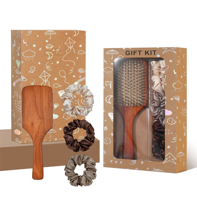 Women Wooden Air Cushion Comb with 3pcs Satin Large Intestine Hair Rings Gift Kits Scalp Massage Anti-static Tangle Free Comb