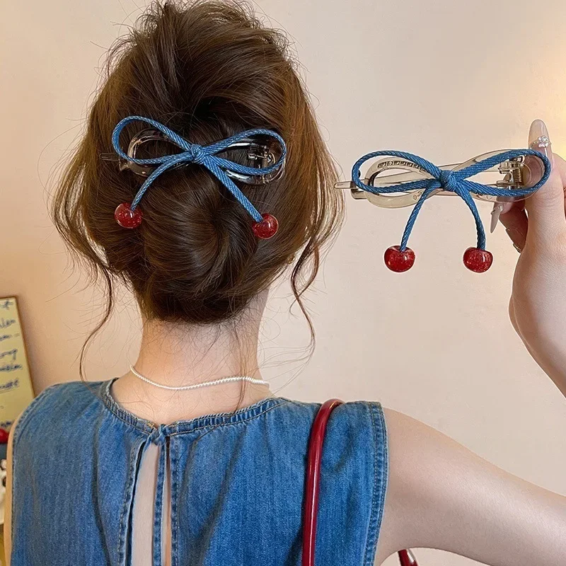 

Cute Cherry Blue Bow Ponytail Clip Sweet Transparent Hair Claw Korean Fashion Versatile Ponytail Twisted Clip for Women Girls