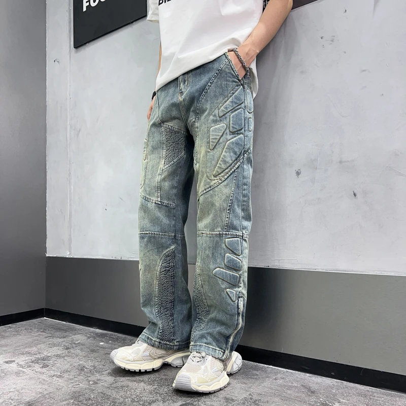 Street shooting loose printed straight pattern high-end men's jeans fashion retro blue wide-leg hollow zipper casual jeans