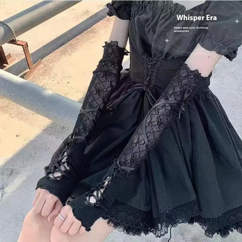 ถุงมือแฟชั่นสไตล์โลลิต้า กอธิค แบบไม่มีนิ้ว แต่งลูกไม้ตาข่ายลายดอกไม้ พร้อมสายรัดยางยืด สำหรับผู้หญิง ป้องกันแสงแดด ใช้เป็นเครื่องประดับเสื้อผ้า
