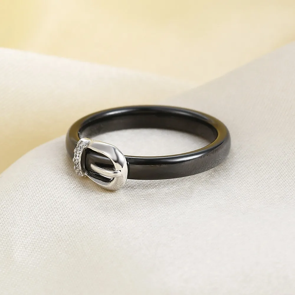 4mm Black/White Ceramic Crystal Wedding Rings Jewelry For Women Personalized Belt Buckle Stainless Steel Lovers Ring Engagement