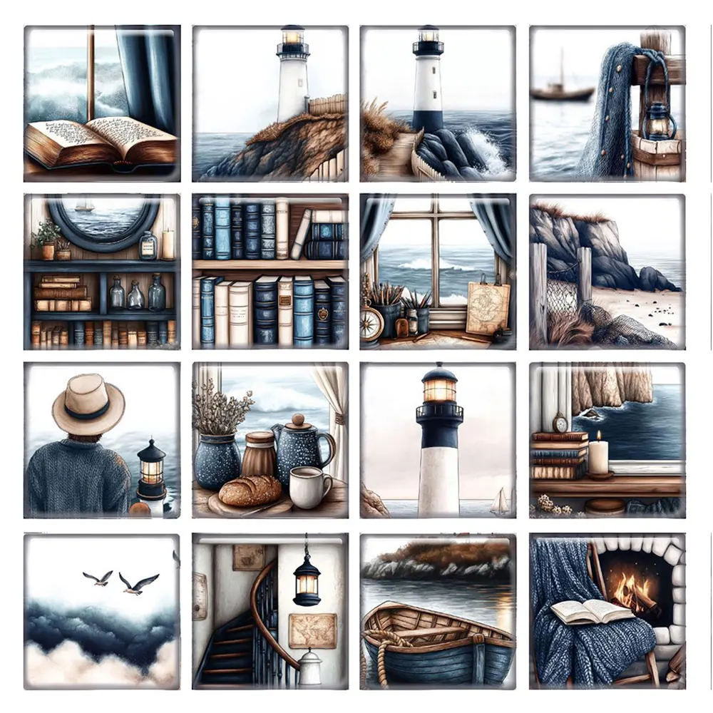 

10pcs/lots Navigation Sailor Lighthouse Seagull Square Photo Glass Cabochon Flatback Demo Flat Back Cameo For Diy Jewelry Making