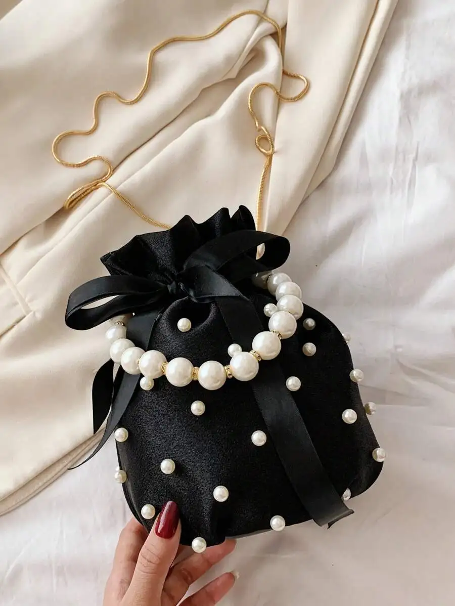 

Elegant Black Pearl Decorated Bucket Handbag With Ribbon Bow For Women