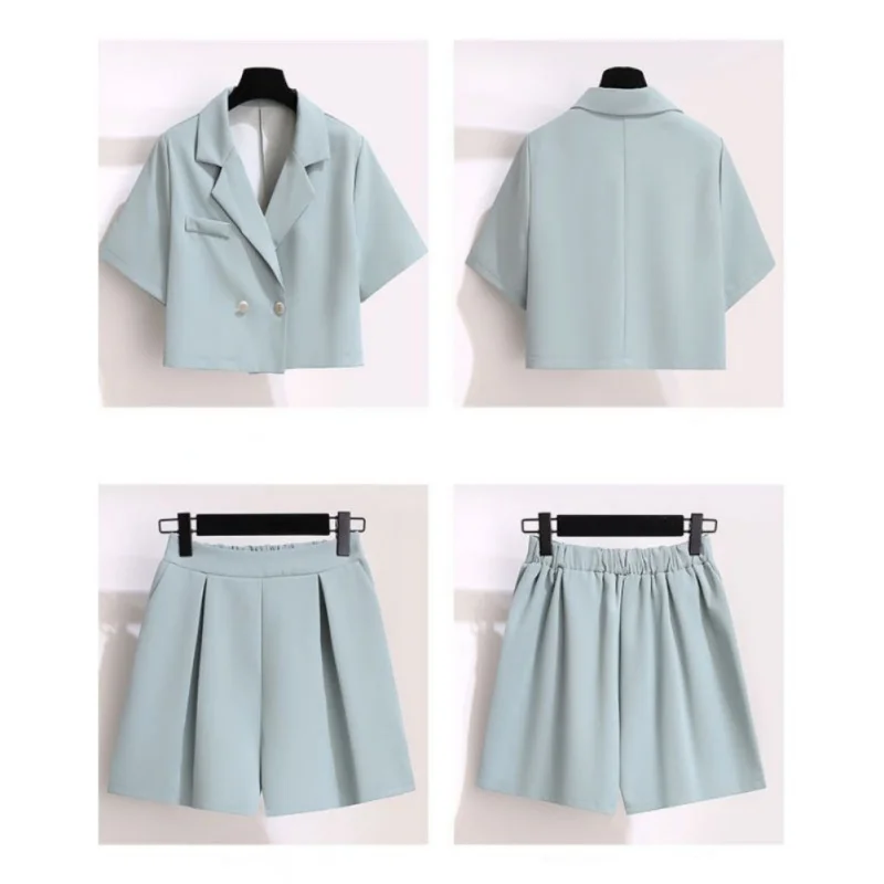 Two-piece Sets Summer Square Shoulder Short Sleeve Short Blazer Top Jacket Loose Wide-legged Shorts Set