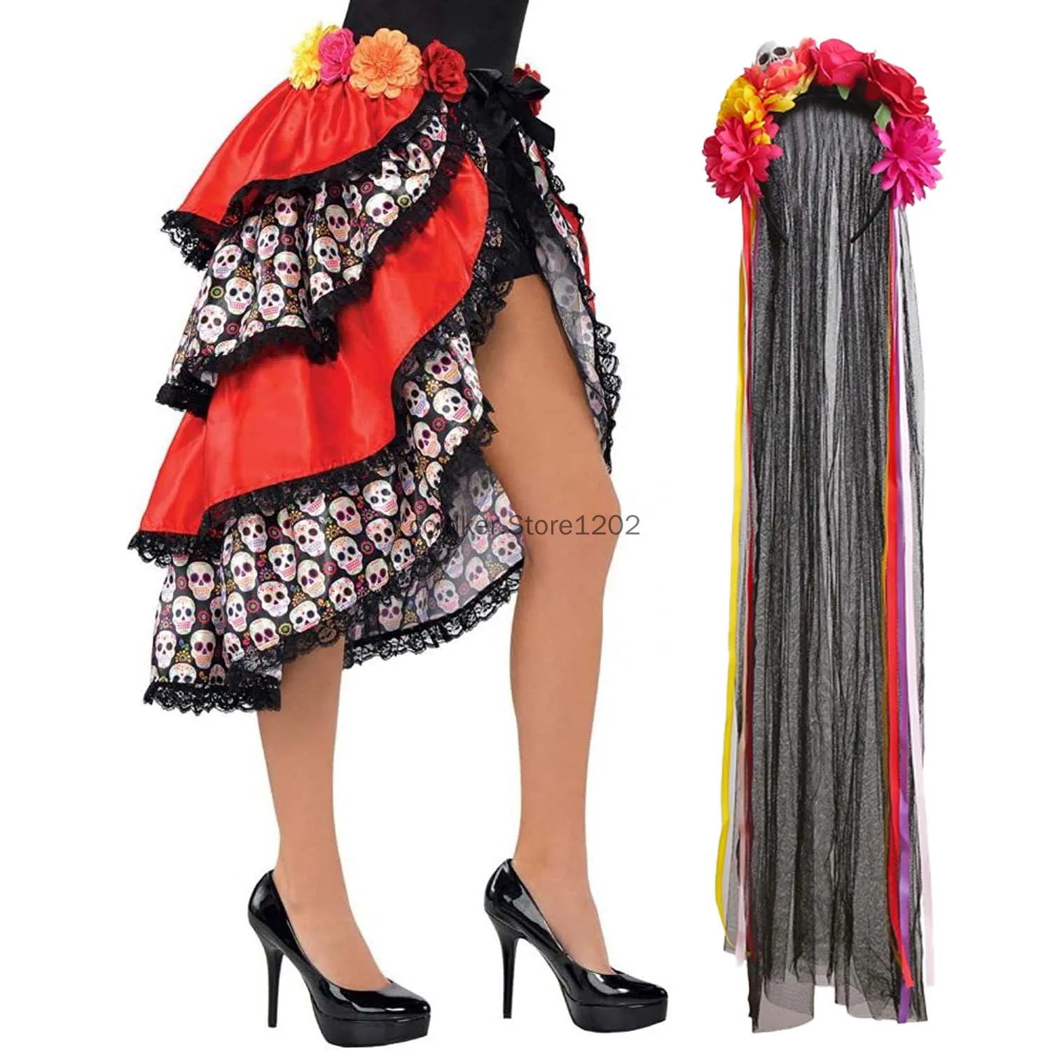 Halloween México esqueleto calavera De azúcar flor tutú falda Irregular Día De los muertos disfraz De fantasma Vestidos De Catrina