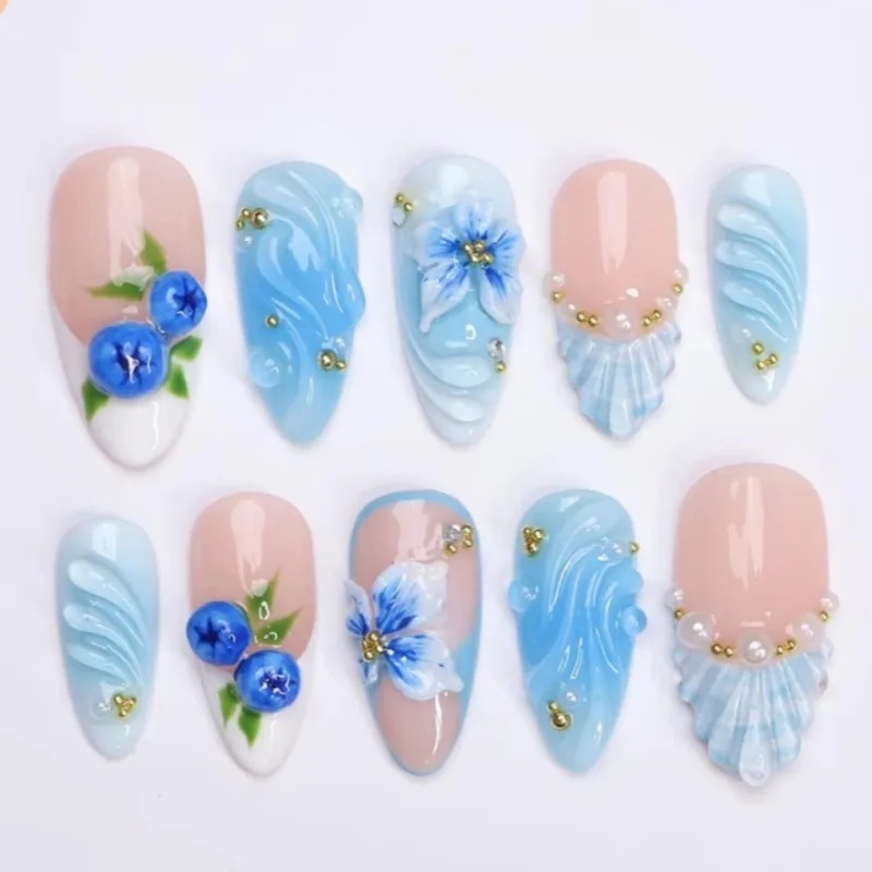 

24PCS Blue Gradient 3D Flower Shell French False Nails with Glue Fresh Blueberry Almond Press on Nails Full Cover Pearl Tips Art