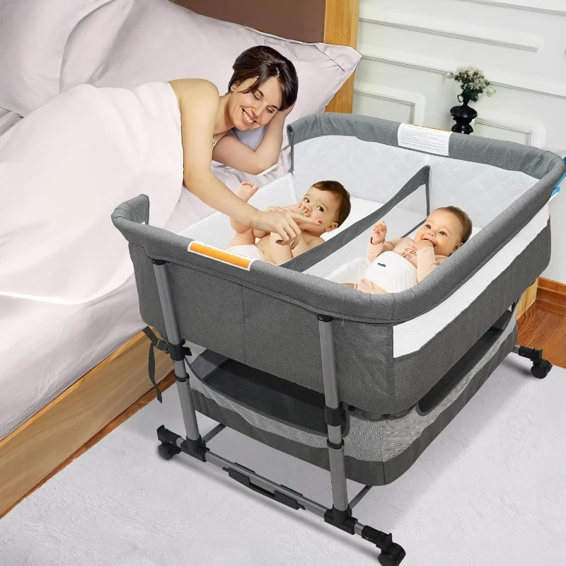 Twin Bassinet for 2 Babies, 3 in 1 Bedside Co Sleeper Double Bassinet for Twins，Rocking Bassinet for Baby with Wheels