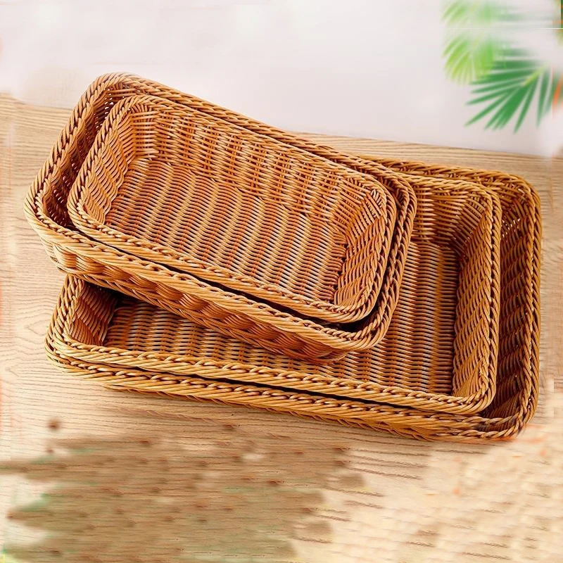 Imitation Rattan Storage Basket Rectangular Fruit Bread Basket Desktop Snack Storage Box Plastic Woven Basket Kitchen Storage