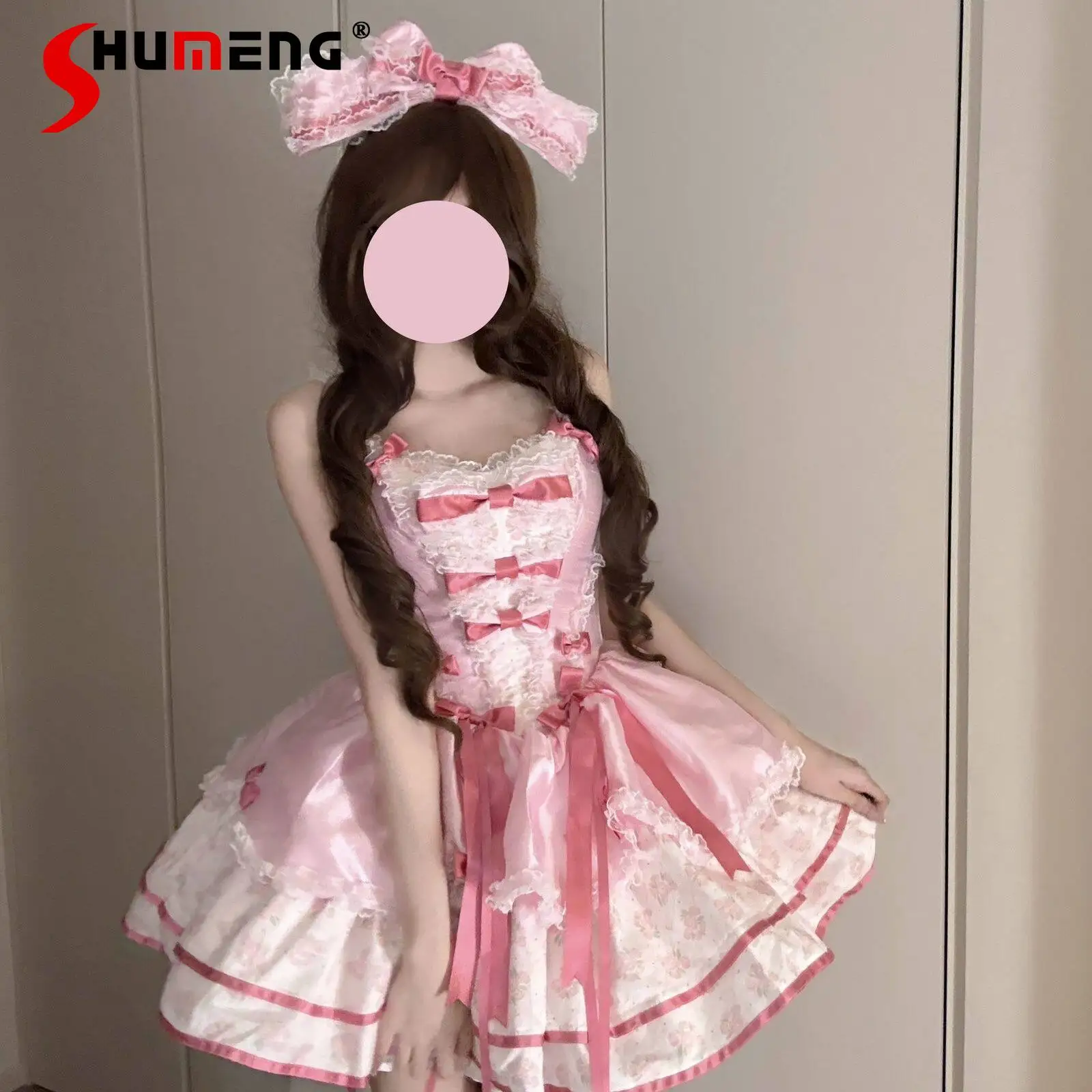 

Pink Lolita Dress Jsk for Women New Summer Sweet Girl's Bow Lace Trim Short Dress Princess Birthday Party Casual Dress Clothes