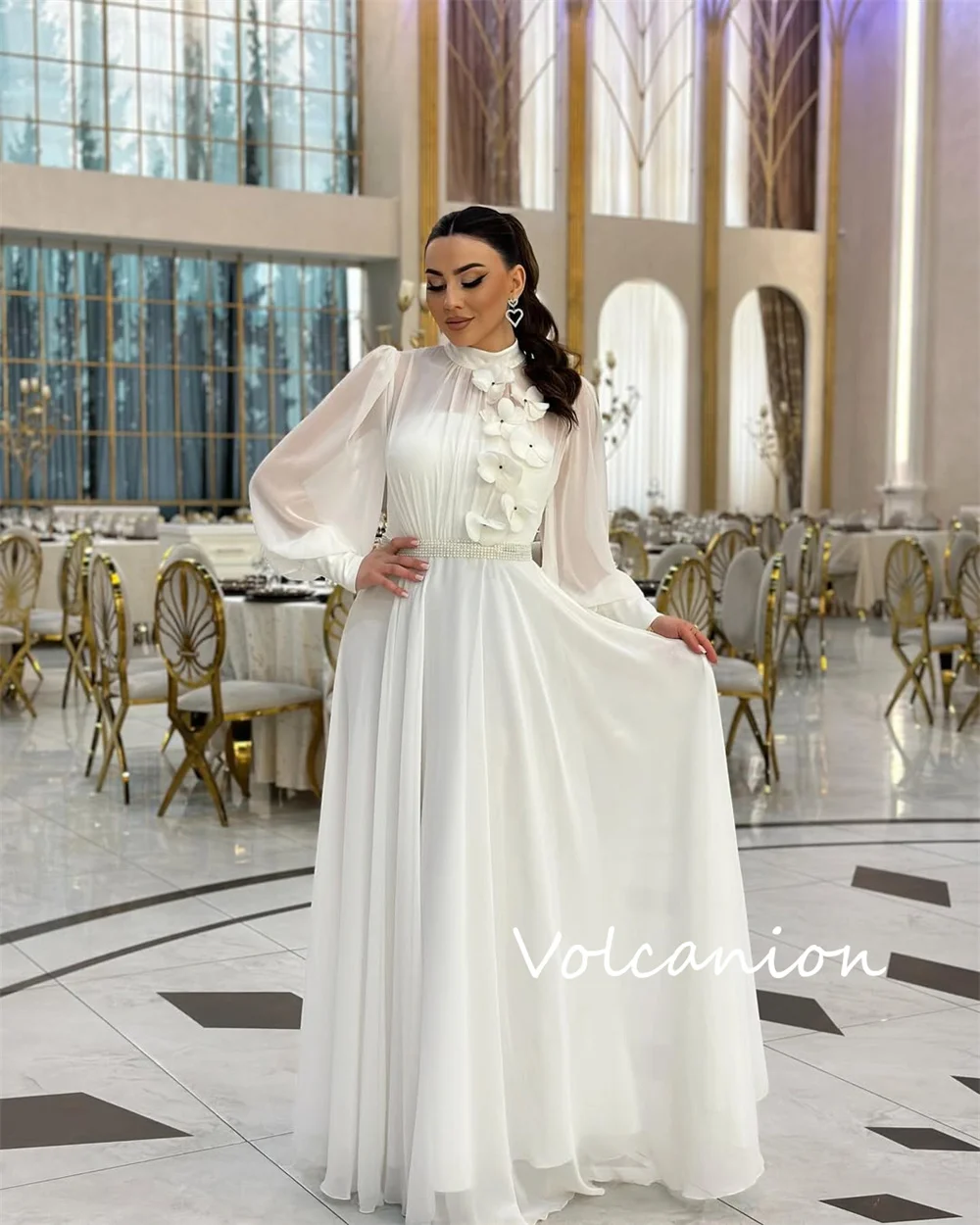 カスタマイズされたカジュアルシフォンアップリケプリーツAラインハイカラーロングドレスオーダーメイド機会モダンスタイルクラシック