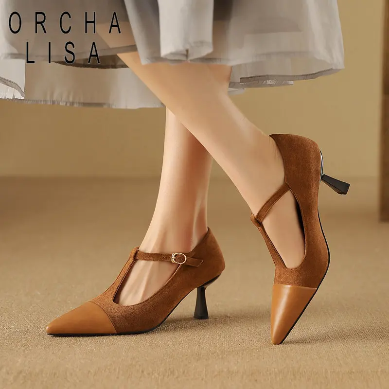 ORCHA LISA Women Pumps 32 33 T-strap Thin High Heels 7.5cm Mary Janes Pointed Toe Shoes Flock Big Size 47 48 Office Ladies Shoes