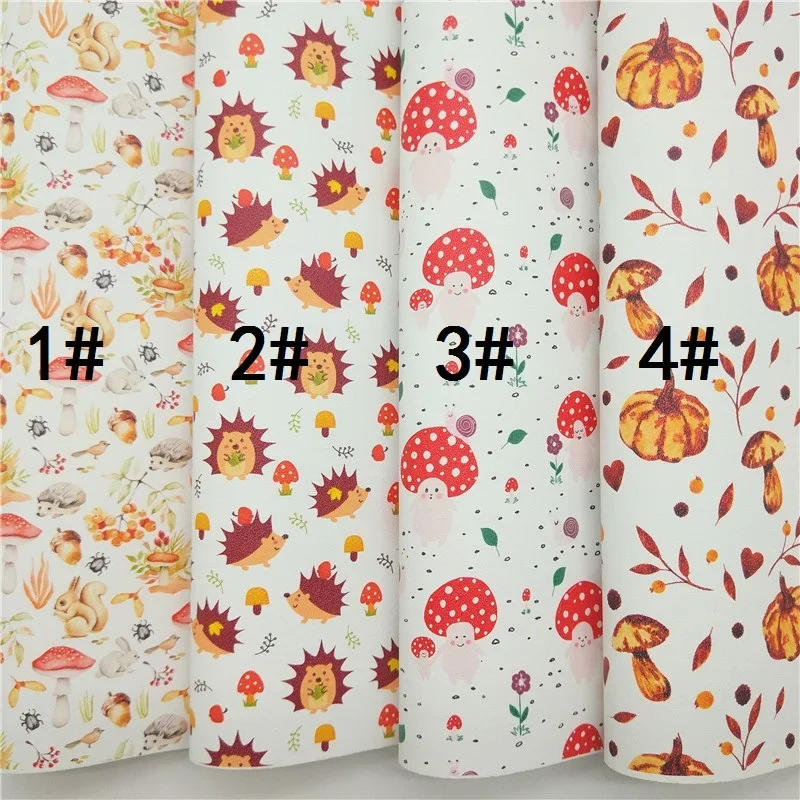 Amonglitter Mushrooms Pumpkins Printed Synthetic Leather, Faux Leather Fabric Sheets for DIY Bows Bags 21x29cm A4 siz MB422