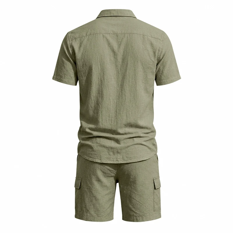 Men Summer American Linen Two Piece Set Short Sleeve Shirt Drawstring Cargo Shorts Loose Casual Outdoor Commute Vacation Outfit - view 2