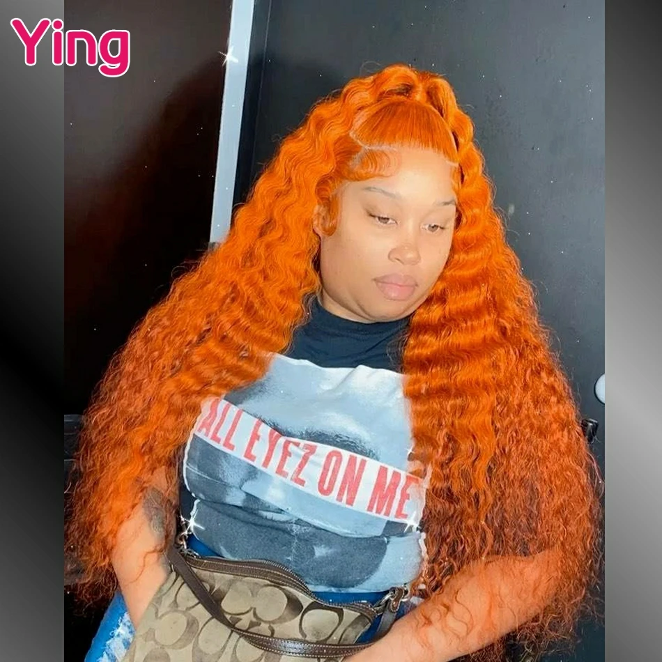 36inch Bright Orange Colored 250% Deep Wave 13x4 13x6 Lace Frontal Human Hair Wigs PrePlucked Brazilian Curly 5x5 Closure Wigs