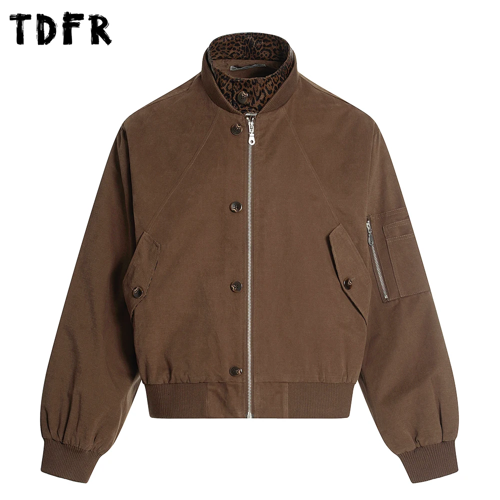 

Leopard Patchwork Cargo Jacket Mens Pocket Retro Autumn Spliced Stand Collar Long Sleeve Outerwear Man