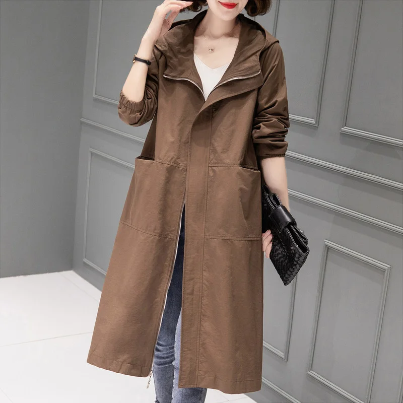 Korean Hooded Windbreaker Coat Women Spring Autumn 2024 New Fashion Middle Length Overcoat Casual Loose Trench Coat Female