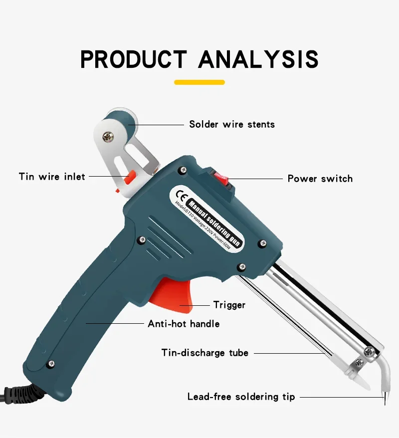 Pistola de ferro de solda elétrica automática, 60w, aquecimento interno portátil, envio automático, ferramentas de reparo de aquecimento de soldagem