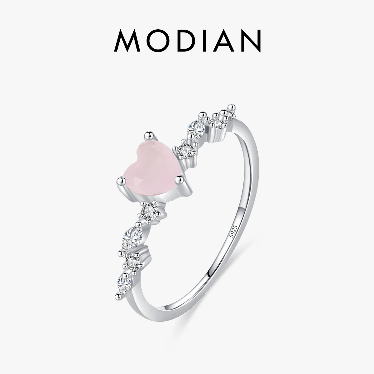 MODIAN 925 Sterling Silver Eleganckie różowe kryształowe pierścionki z sercem dla kobiet Urodziny Romantyczny prezent Drobna biżuteria Akcesoria