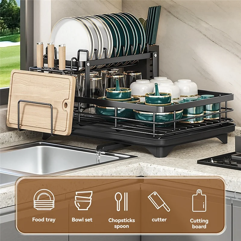 

Полка для посуды из углеродистой стали A70P со сливной доской, органайзером для раковины, полкой для ситечка для посуды для хранения кухонной стойки