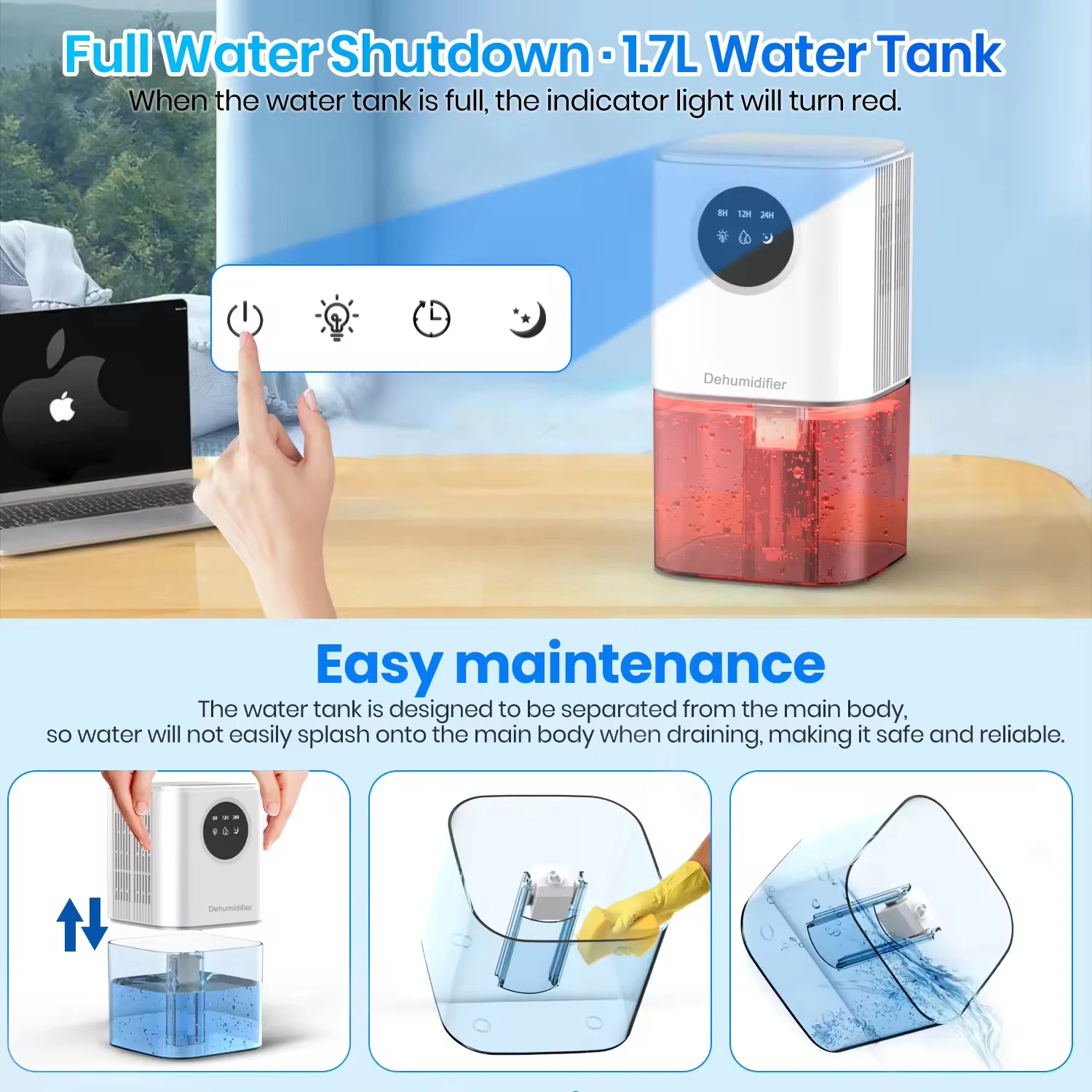 1pc White Dehumidifiers for Home, 1700ML Smart Dehumidifiers with 7 Color LED Light, 8/12/24H Timer, 44dB Ultra-Quiet, Energy