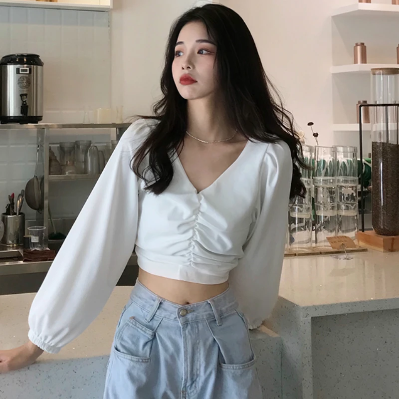 Blouses Women V-neck Long Puff Sleeve Crop Tops Elegant Sexy Pleated Solid Streetwear Womens Retro Stylish Slim Summer New