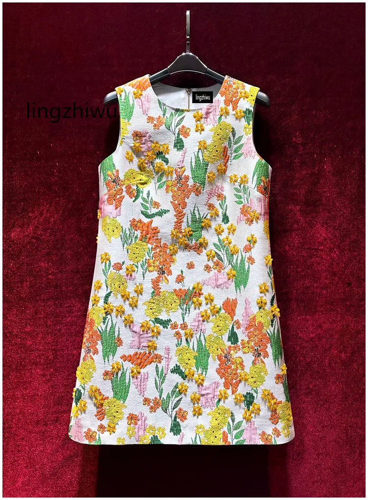 

lingzhiwu Print Dress French Vintage Handmade Beading Designer Sleeveless A-Line Slim Elegant New Arrive