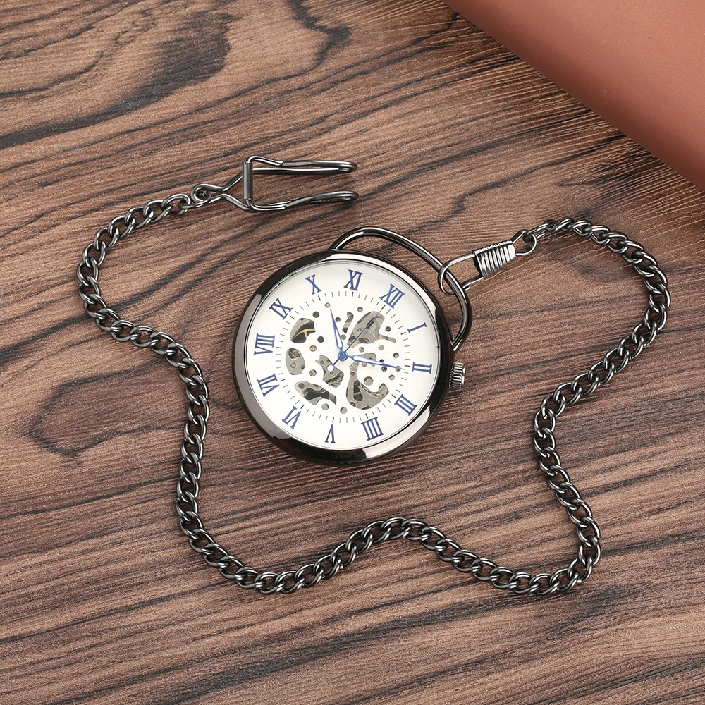 

Elegant Vintage Blue Roman Numerals Open Face Dial Mechanical Hand Winding Pocket Watch Men Pendant Clock Gift Black Fob Chain