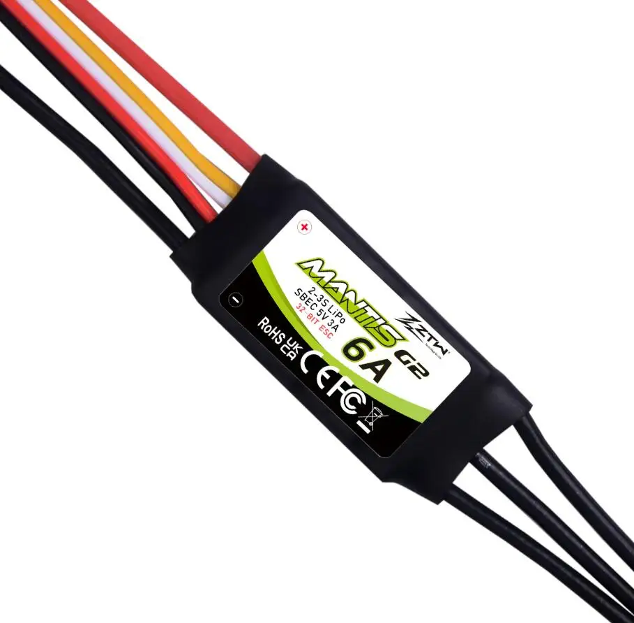

ZTW Mantis G2 Series 6A Brushless 32-Bit ESC micro mini speed controller 2-3s Lipo 7G BEC output: 5.0V @ 3A 96Mhz