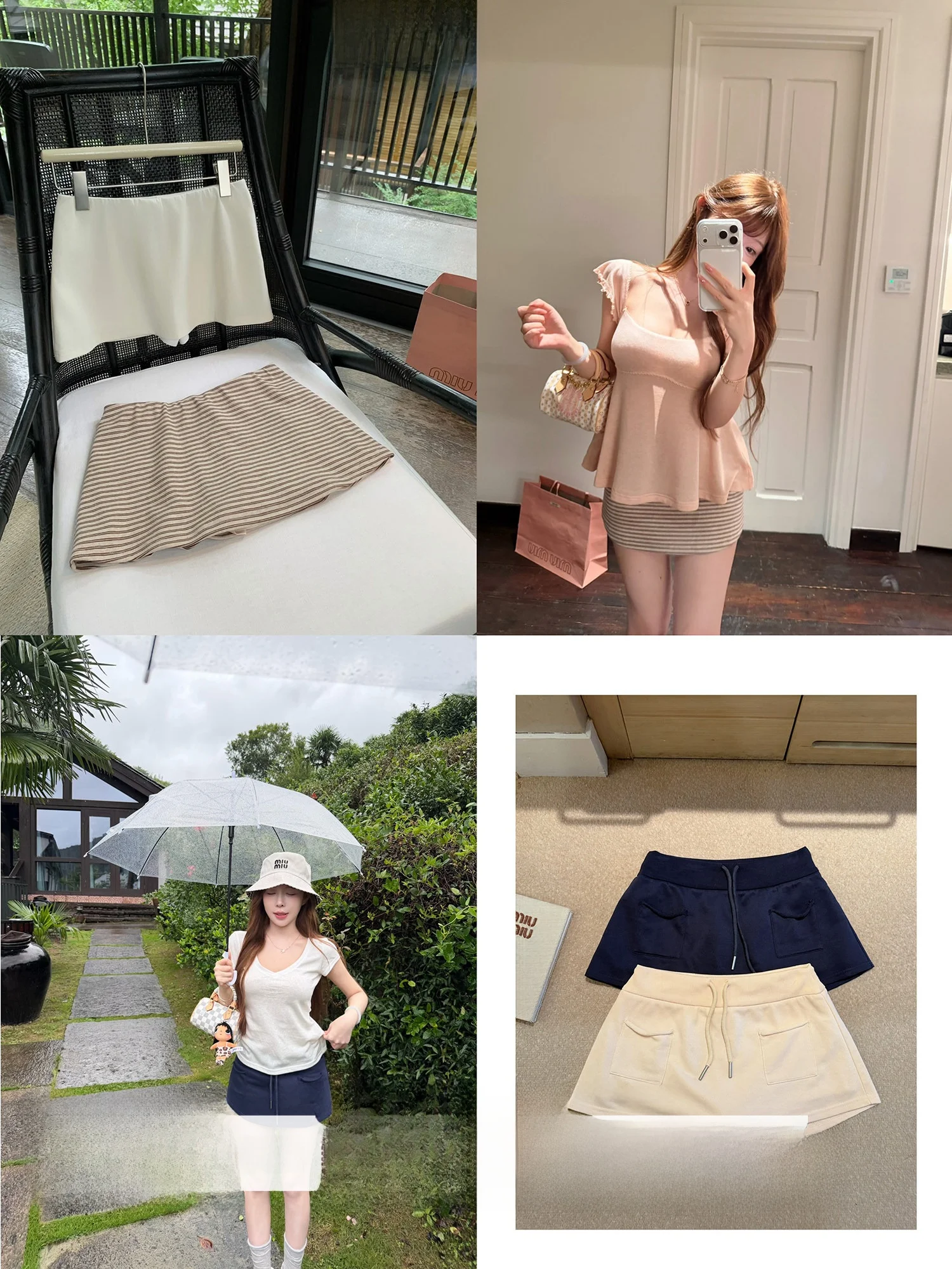 Lukira Stripe Drawstring Anti-Light Skirt Women's Slim Fit Skirt Summer Cotton Blend Low Waist A-Line Skirt