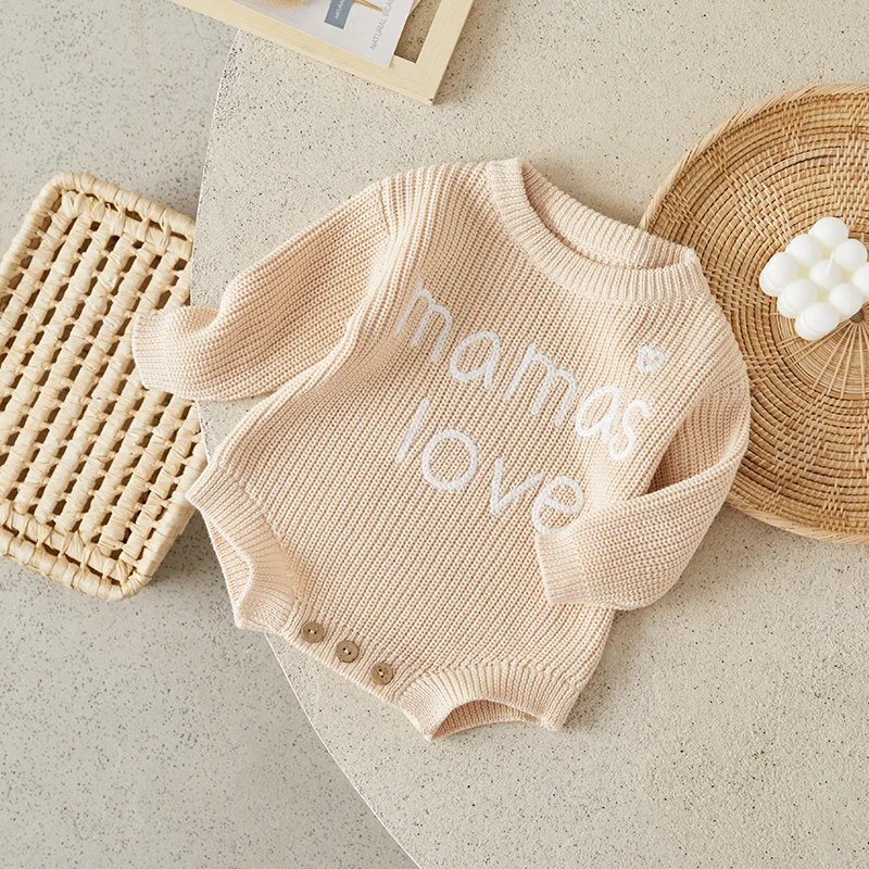 Suefunskry Newborn Infant Baby Knitted Sweater Romper Long Sleeve Round Neck Heart Letter Embroidery Crotch Button Bodysuit