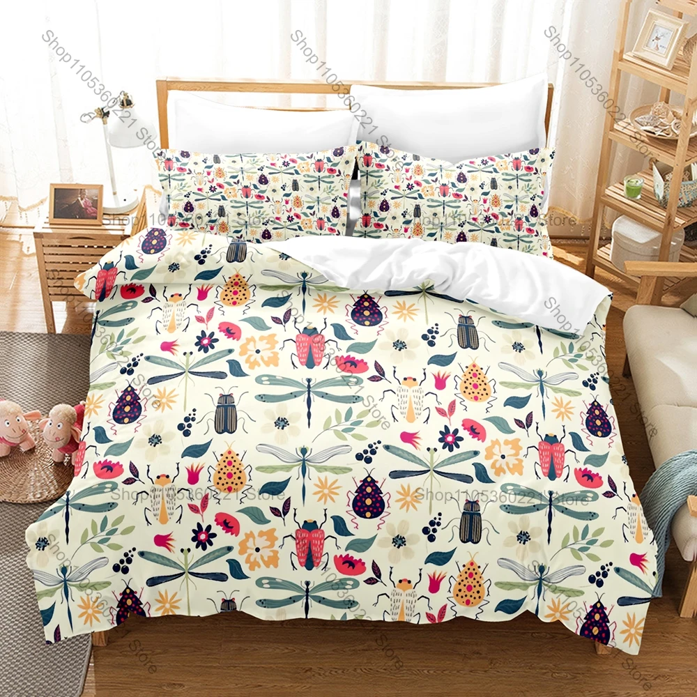Cute Kawaii Dragonfly 3 Piece Bedding Set Soft Microfiber Duvet Cover Set with Pillowcases for Kids Bedroom Decor All Season
