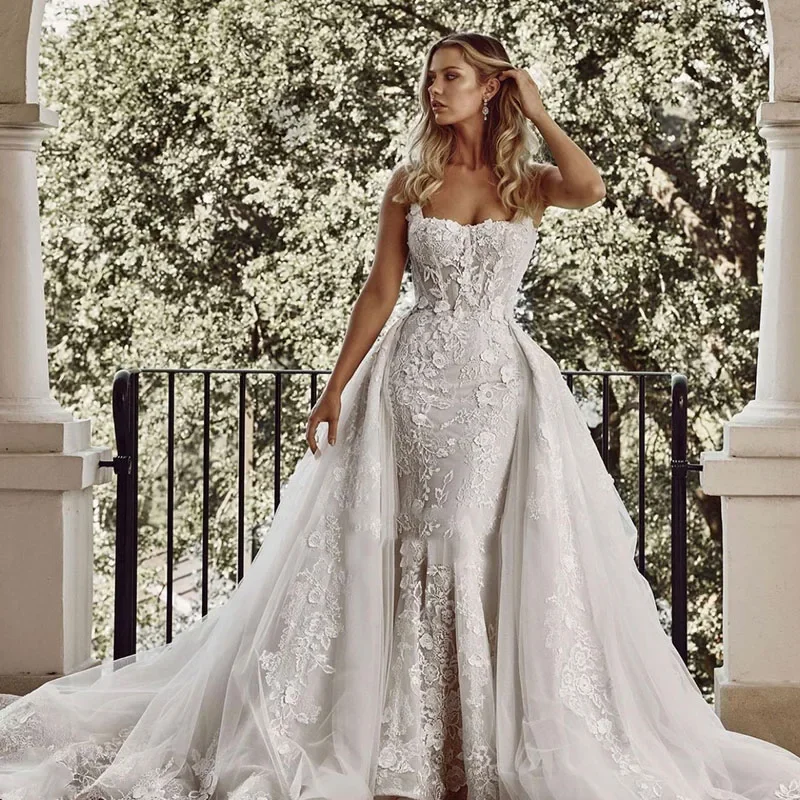 Customized Sexy Detachable 2 In 1 Wedding Mermaid Dresses Organza Embroidery Ball Gown Square Collar Sleeveless Vestido De Novia