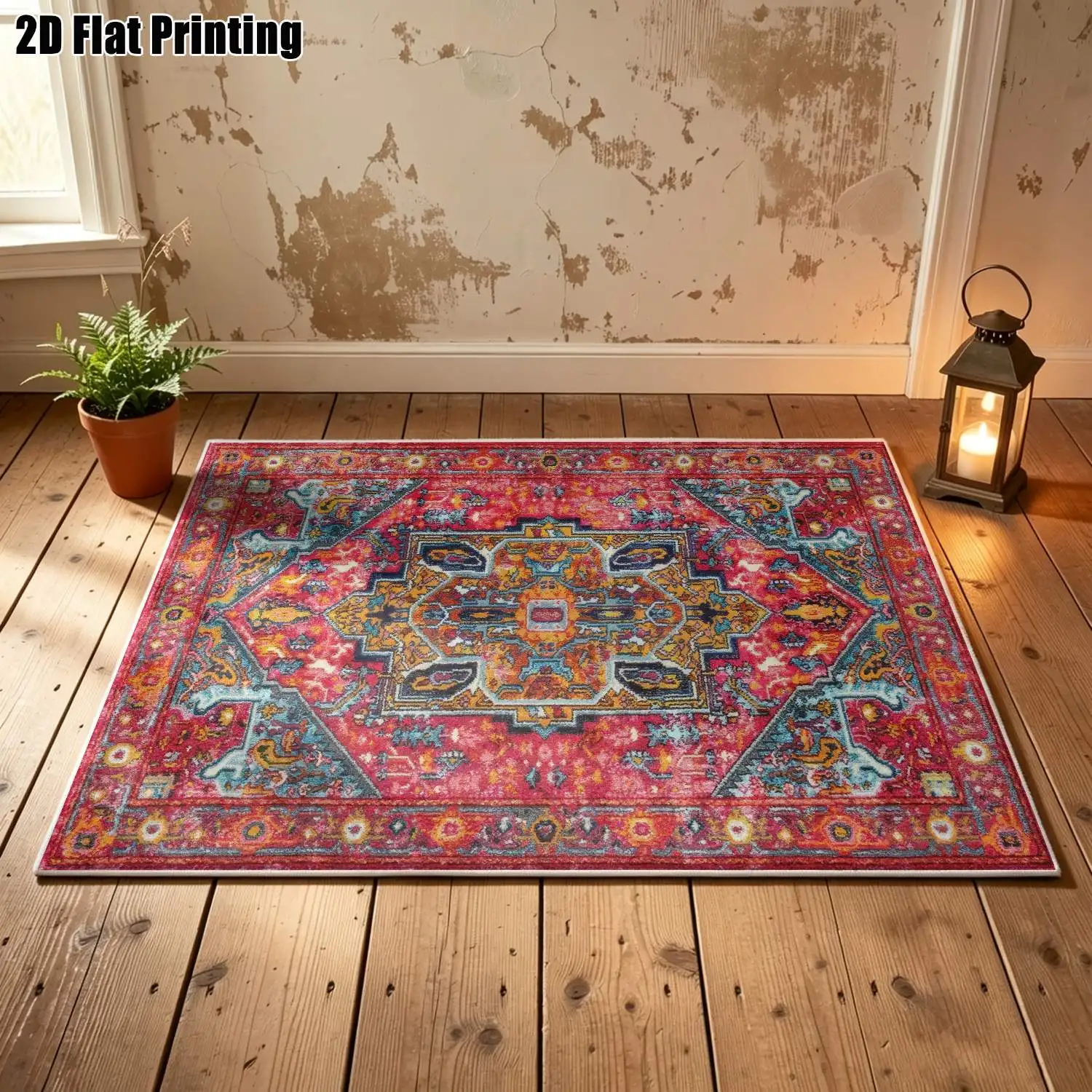 1Pc 2D Printed Velvet Carpet, Retro Red Geometric, European/Bohemian/Nordic/Modern Minimalist Style, Instagram Floor Mat, Home Decor, Multi-Size, Machine Washable, for Entrance/Dining/Foyer/Bedroom/Study/Living Room