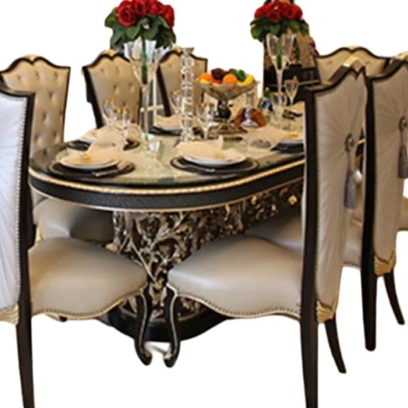 

European neoclassical dining table, solid wood carved champagne silver shell-inlaid oval large dining table