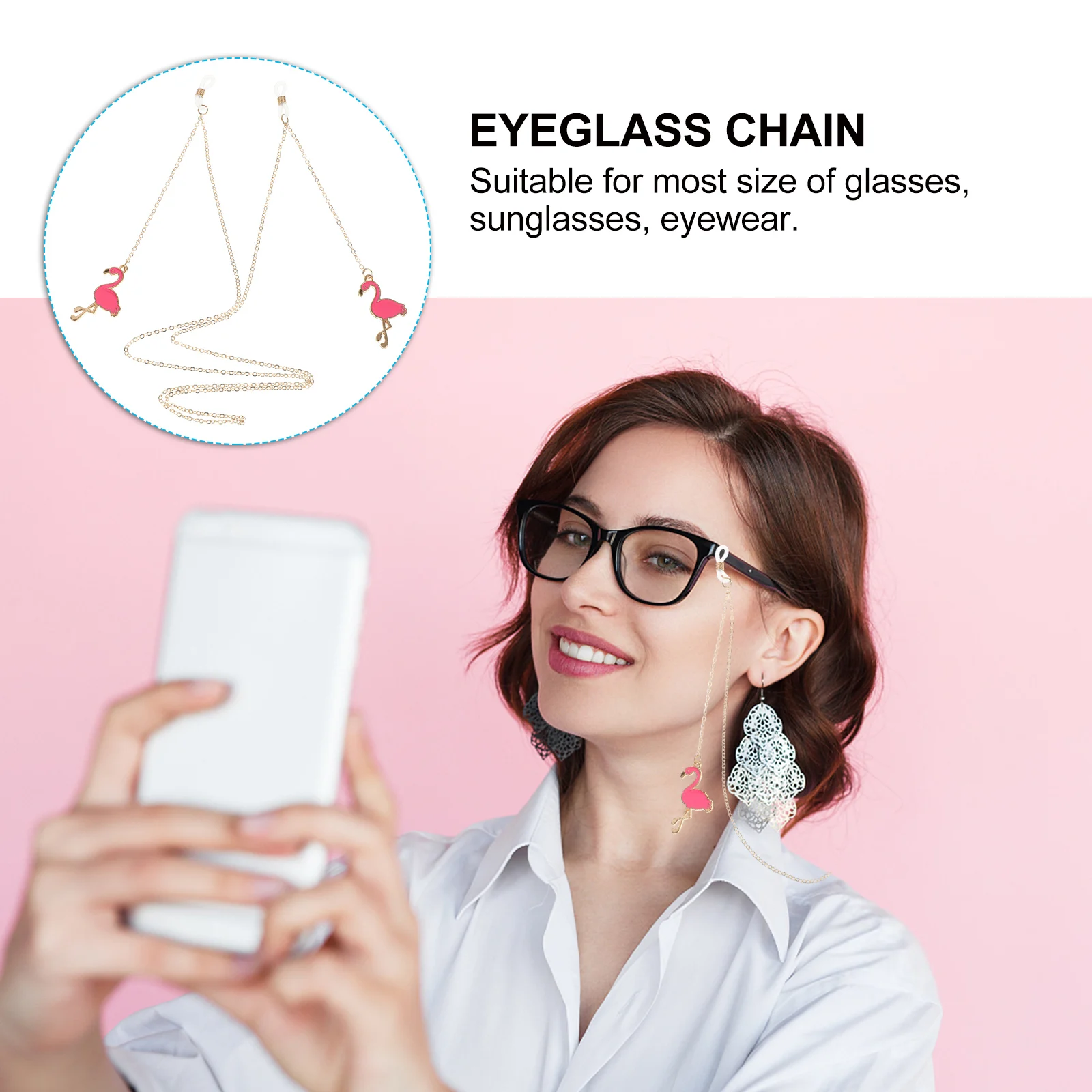 

Flamingo Eyeglasses Chain Pink Round Alloy Charm Lanyard Anti Accessories Fashionable Hanging Necklace